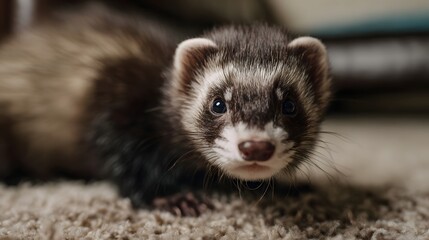 Curious ferret with expressive eyes rests on a soft carpet indoors