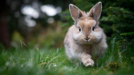 A fluffy light brown rabbit with perked ears hops through vibrant green grass captured in a dynamic outdoor shot with shallow depth of field
