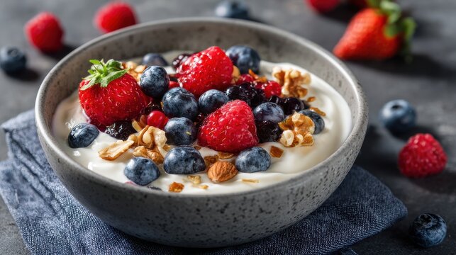Elegant photo of healthy yogurt bowl with fresh berries and nuts for breakfast.