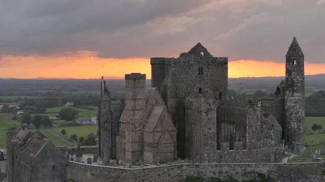Rock of Cashel, Aerial view at SUnset. Also known as Cashel of the Kings. Located at Cashel, County Tipperary, Ireland.