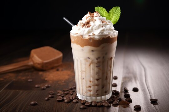 Glass of iced dalgona coffee topped with whipped cream and mint, with coffee beans and cocoa powder on wooden table