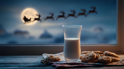 Glass of milk and cookies on windowsill with Santa's sleigh silhouette flying across full moon in night sky background.