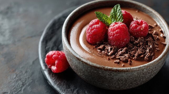 Elegant photo of rich chocolate mousse dessert topped with fresh raspberries and mint. - Powered by Adobe