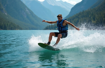 Young man wakeboards on a lake with mountains. He wears a blue life vest and shorts, making a splash as he rides the water. The sun shines on the active outdoor pursuit.