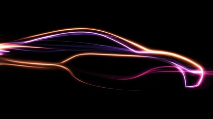 Futuristic Electric Car Outline Made of Glowing Neon Light Trails
