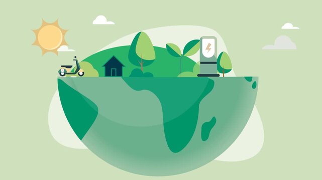 Future is Electric Vehicle  -  Reduce Carbon (CO2) Emissions with Renewable Energy Sources - Animated Illustration as MP4 File