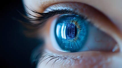 Close-up view of bright blue eye with digital circuit reflection, representing artificial intelligence, technology integration and future vision in healthcare and cybersecurity.