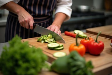 Chef slicing fresh vegetables in kitchen: A culinary view from above