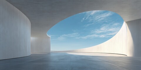 Elegant photo of modern concrete architecture with a large oval opening to the sky.