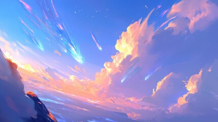 Stunning meteor shower over dreamy landscape at sunset, perfect for fantasy book covers or inspirational backgrounds, vibrant color palette