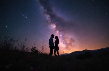 Couple silhouette stands on hill, gazing at vibrant milky way galaxy. Meteorite streaks across star filled night sky above dark mountains. Romantic cosmos background.