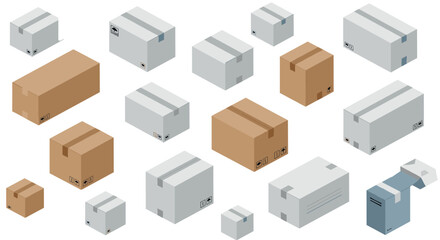 Fototapeta premium Isometric cardboard and shipping boxes collection