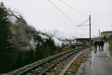 Fototapeta premium a view of train station and alps mountain in mürren switzerland