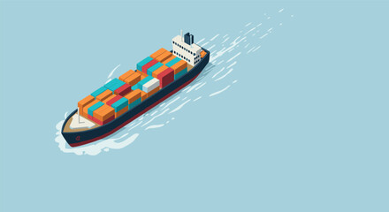 Cargo ship sailing with colorful containers on ocean in isometric style