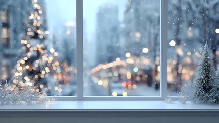 Cozy winter window view with decorated Christmas tree, snowy evening cityscape, and festive bokeh lights creating holiday atmosphere.