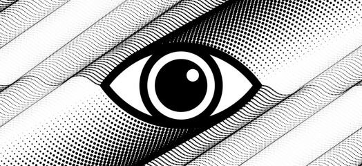 Halftone eye abstract illustration – black and white vision concept with wavy dotted pattern.