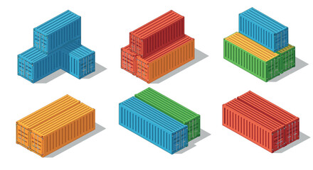 Colorful isometric shipping containers collection on white background