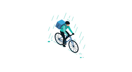 Naklejka premium Cyclist delivering in the rain isometric illustration of bike courier
