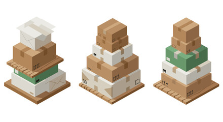 Isometric cardboard box towers in various arrangements and colors