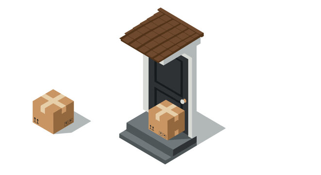Isometric doorstep delivery with cardboard boxes in modern style