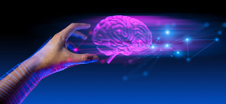 hand of businessman interactive touching a holographic system network and technology, sci-fi cyberpunk hud