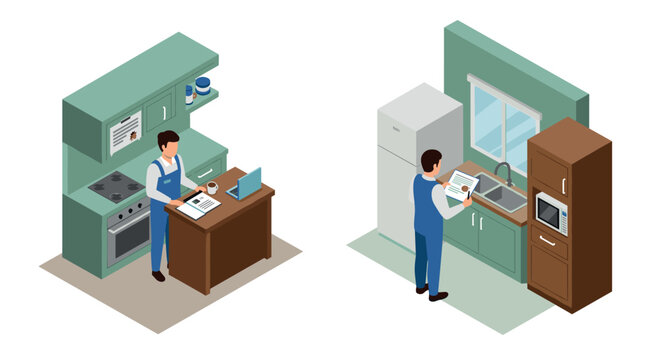 Isometric home kitchen workspace with appliances and professional attire