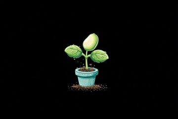 Growing plant in a blue pot with vibrant green leaves and drops of water on a black background