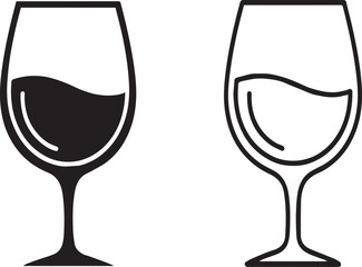 Black vector icon set of full and outline wine glasses isolated on white background