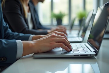 Close-up of Diverse Hands Typing on Keyboards in Contemporary Office Environment