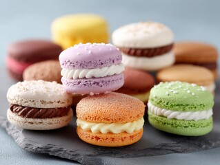 Assortment of Colorful French Macarons Stacked On A Dark Slate Display With Soft Lighting Creating A Delicious Dessert Food Photography Composition