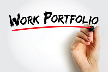 Work Portfolio handwritten in bold marker with red underline on white background. Concept of creative profile, job presentation, professional documentation, and skills showcase