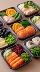 Assortment of Sushi Bento Boxes Filled with Fresh Salmon Slices Sliced Oranges Edamame and Blackberries Presented on a Neutral Background