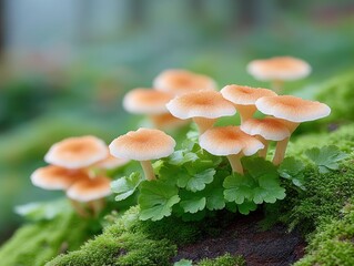 Close-up Macro Shot Of Small Orange Cap Mushrooms With White Speckles Growing On Damp Green Mossy Forest Floor With Soft Bokeh Background