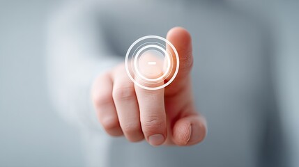 Close Up Macro View of a Human Finger Pressing a Digital Holographic Interface with Futuristic Glowing Concentric Circles and a Minus Symbol on a Soft Gray Background