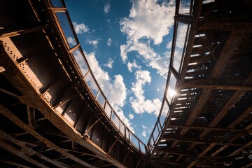 Rusty metal bridge seen from below against blue skies with fluffy clouds. Use to depict infrastructure, architecture, or a unique perspective.