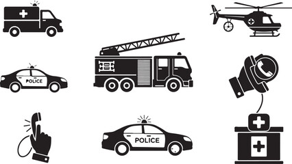 Emergency service vehicle icons: ambulance, police car, fire truck, helicopter