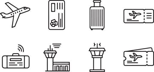 Collection of simple line art icons representing air travel and airport elements