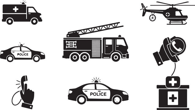 Emergency service vehicle icons: ambulance, police car, fire truck, helicopter