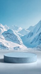 Elegant photo of winter mountain landscape with ice podium for product display.