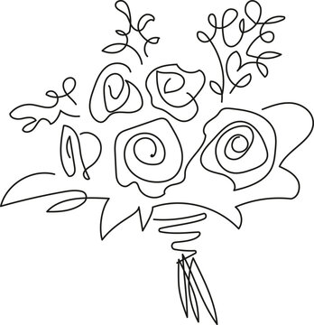 Minimalist one line drawing of a flower bouquet with roses and leaves. Continuous line art, simple elegant floral illustration on white background