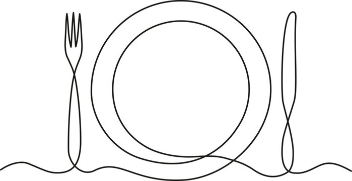 Continuous one line drawing of minimalist table setting with plate, fork, and knife. Simple outline design for restaurant or dining concept