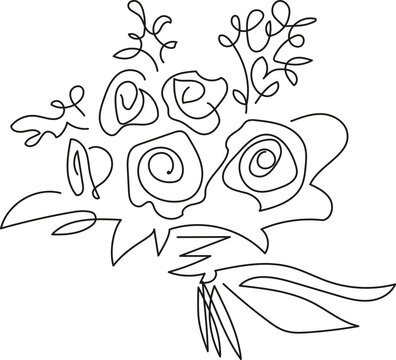 Minimalist one line drawing of a flower bouquet with roses and leaves. Continuous line art, simple elegant floral illustration on white background
