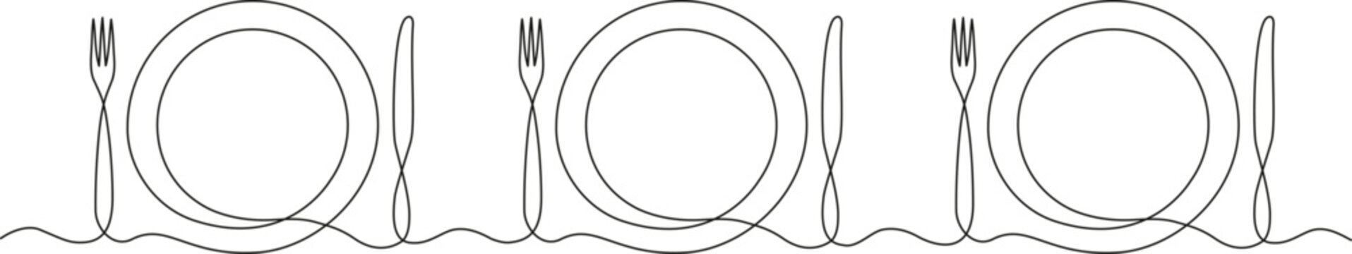 Continuous one line drawing of minimalist table setting with plate, fork, and knife. Simple outline design for restaurant or dining concept.