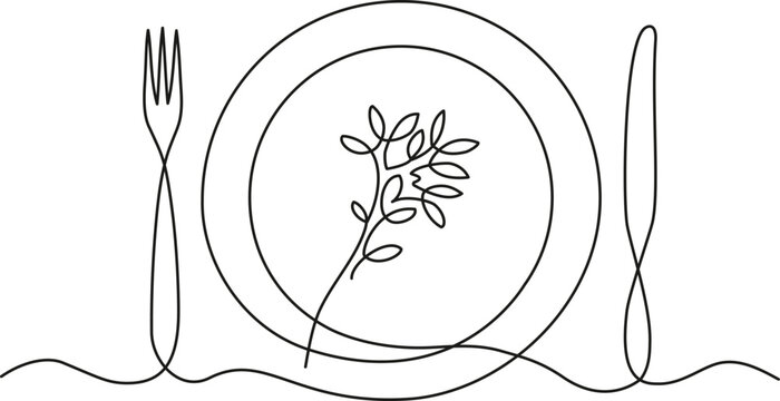 Continuous one line drawing of table setting with botanical elements inside the plate. Minimalist dining illustration with herbs and leaves