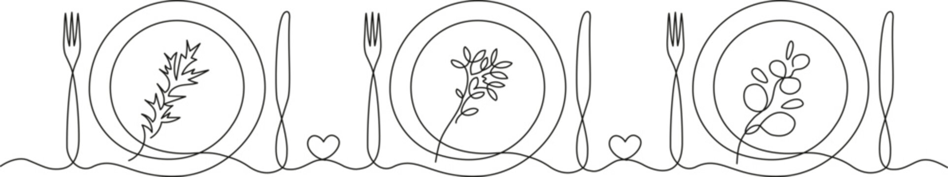 Minimalist one line art of table setting with plate, fork, knife, small heart, and botanical decoration. Elegant continuous line illustration for eco or wedding design.