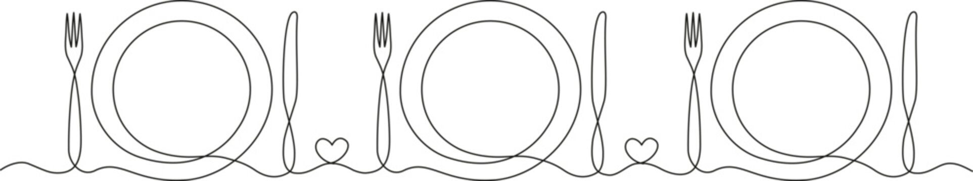 One line art of table setting with plate, fork, and knife connected by a small heart symbol. Romantic minimalist dining concept illustration