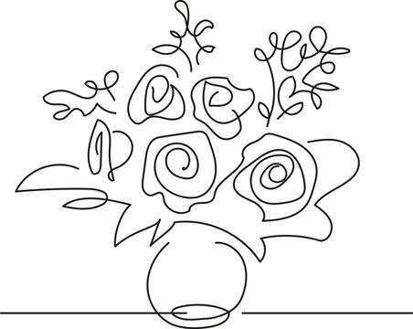 Minimalist one line art drawing of a flower bouquet in a vase. Continuous line illustration with roses and leaves, elegant and simple floral design. 