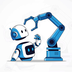 Flat illustration of robot with robotic arm working in factory