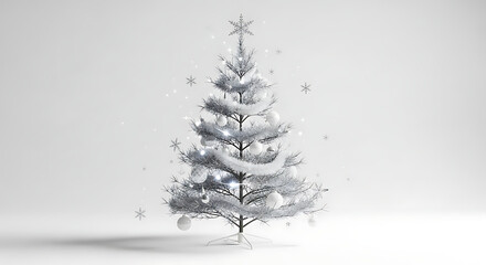 Elegant silver Christmas tree adorned with minimalist white ornaments and snowflakes.