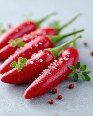 Close-up Macro View of Fresh Vibrant Red Chili Peppers Dusted with White Salt Crystals and Garnished with Green Herbs on a Light Gray Textured Surface with Scattered Pink Peppercorns